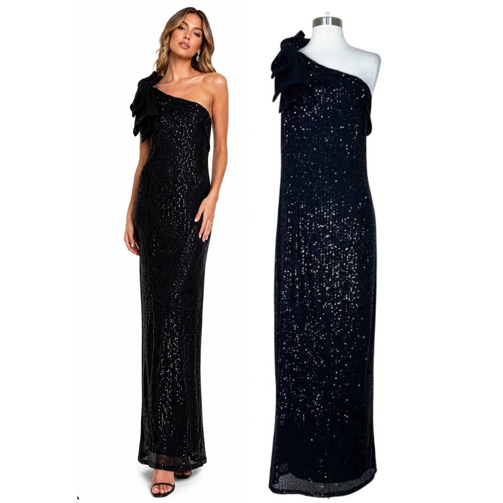 NEW Mac Duggal | Sequin Bow One Shoulder Column Formal Gown Black Size 14 NWT